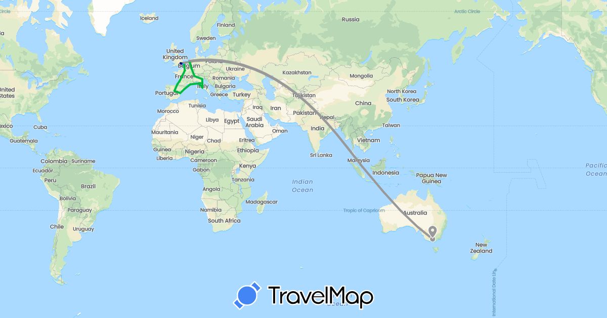 TravelMap itinerary: driving, bus, plane, boat in Australia, Switzerland, Spain, France, United Kingdom, Italy, Luxembourg, Netherlands, Singapore (Asia, Europe, Oceania)